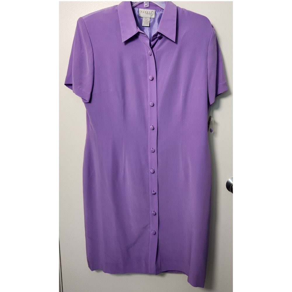 Papell Boutique NWT NOS Purple Shirt Dress 100% Silk Button Front 14 Lined‎ Vtg